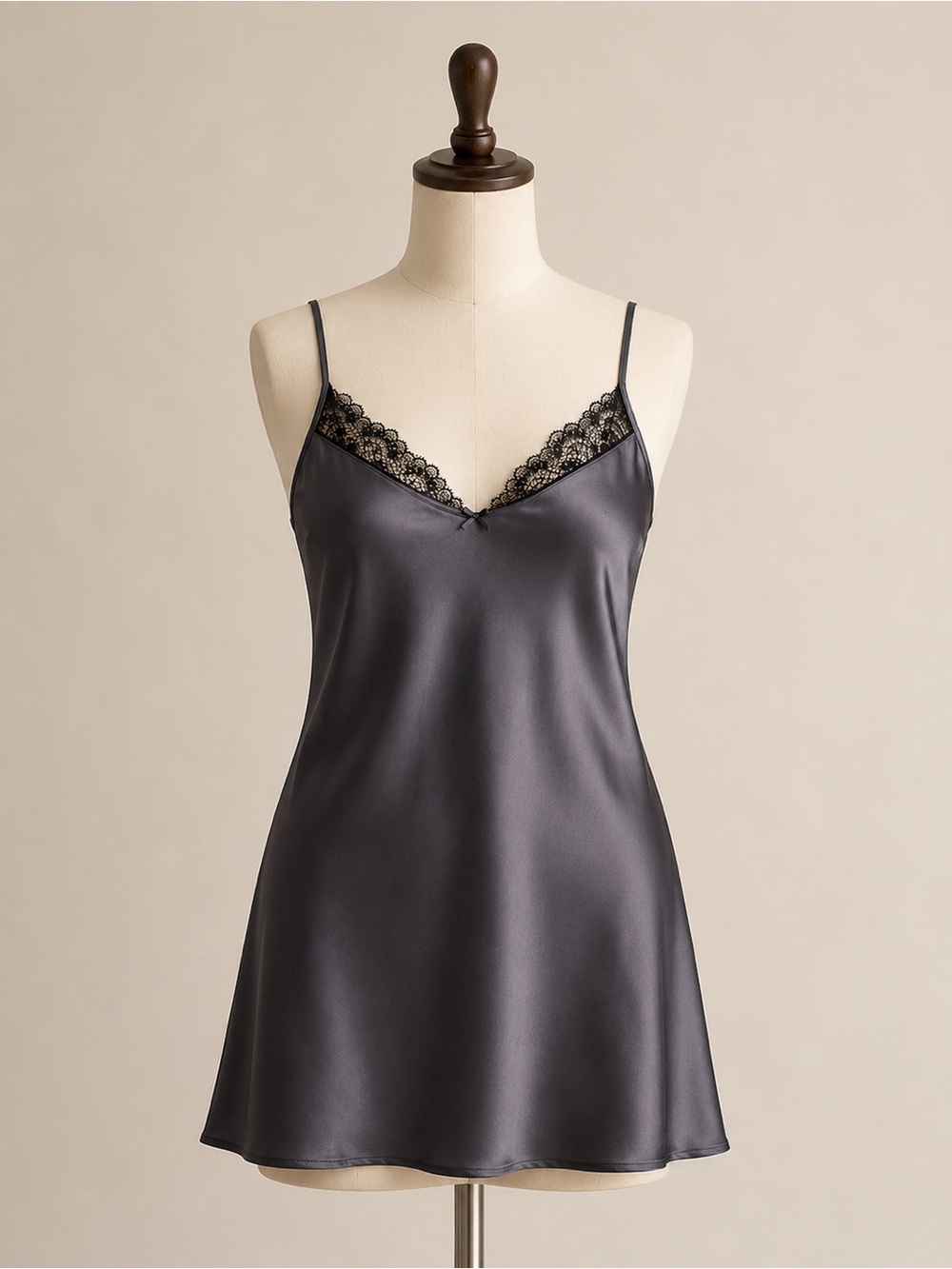 Vanity Fair Charcoal Satin Lace-Trim Chemise